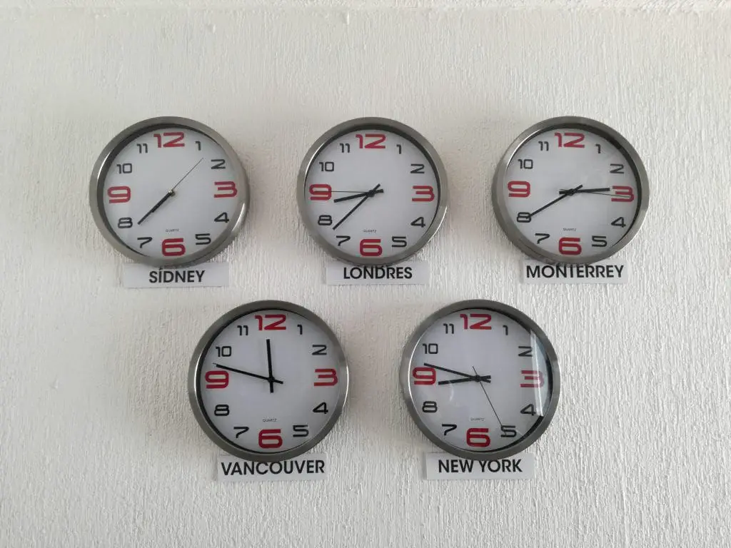 Various clocks showing timezones and city names in Spanish.