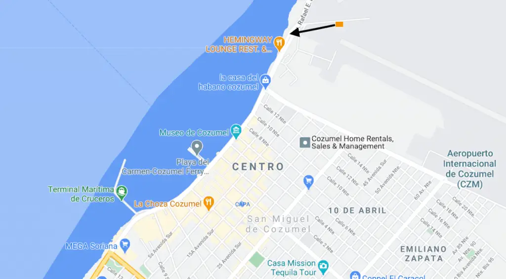 google map pointing to beach next to Hemingway restaurant in Cozumel.
