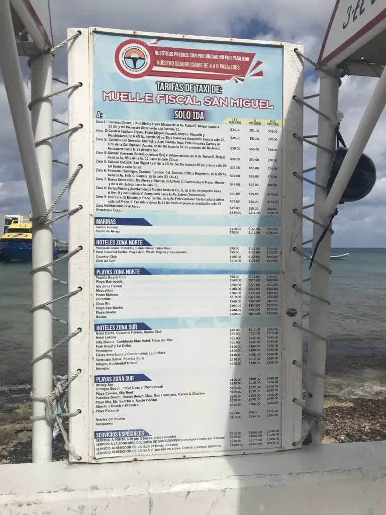Cozumel taxi rates publicly posted as a large poster near ferry terminal in San Miguel de Cozumel, March 2021.
