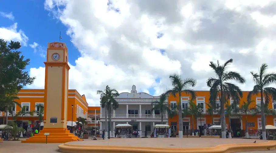Plaza and landmark orange clock tower