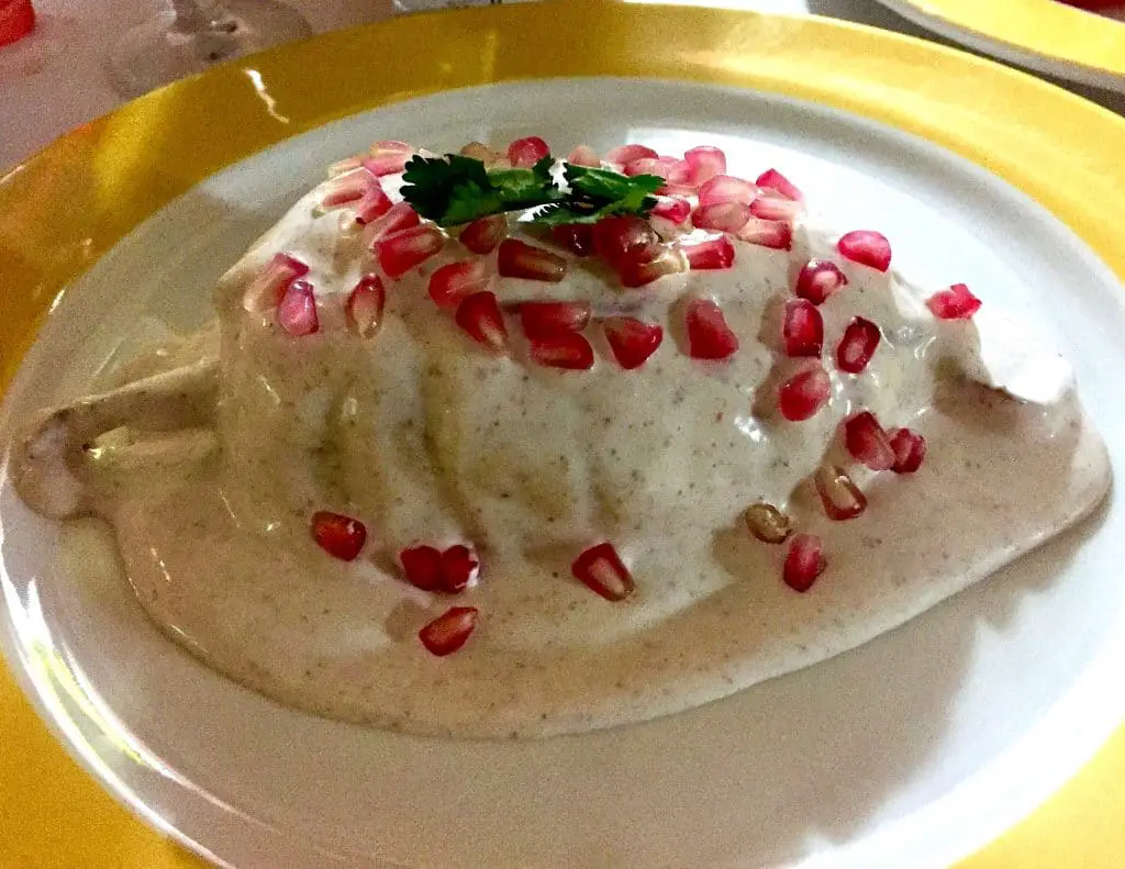 Plate of large chile en nogada (or walnut) sauce with red pomagranate seeds on top. 
