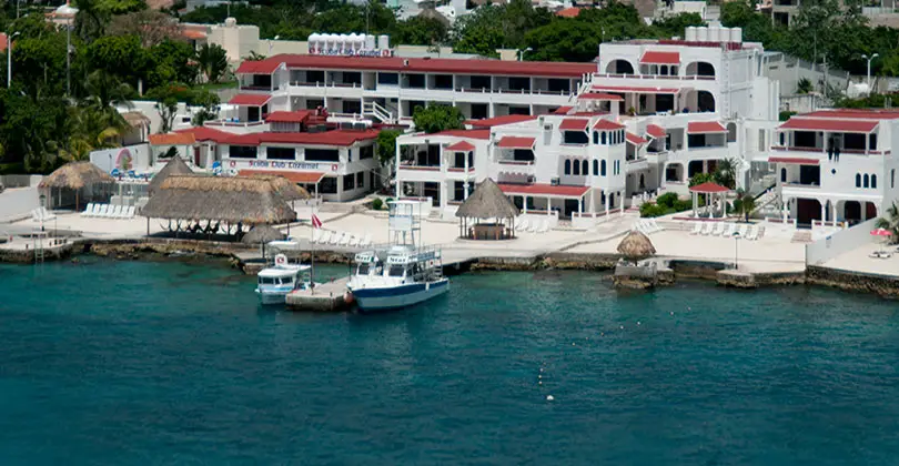 View of Scuba Club Cozumel's large complex from the water. 