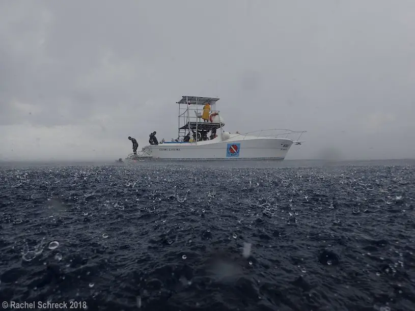 Large diving boat picking up divers in Cozumel during a hard rain shower.