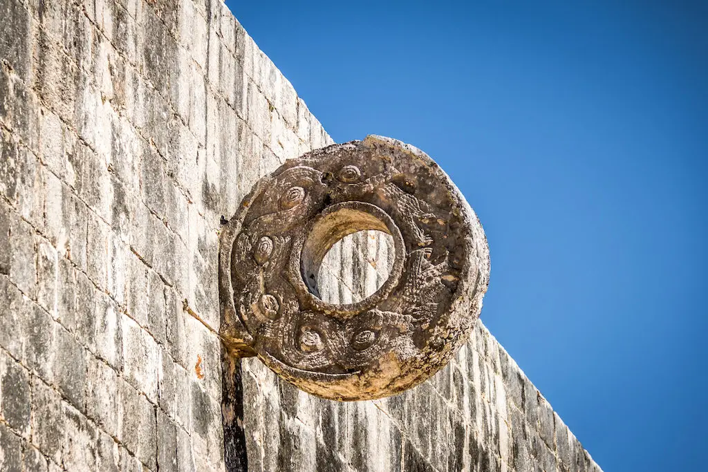Image of ancient stone hoop used in Mayan ball game in Mexico. 
