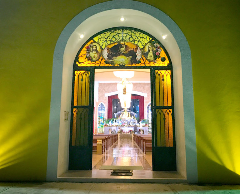 View into Corpus Christi chuch during the holiday season in Cozumel