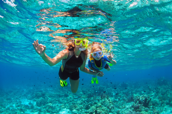 Mother and child pair snorkeling in clear blue water with bright yellow masks, fins, and snorkels. 