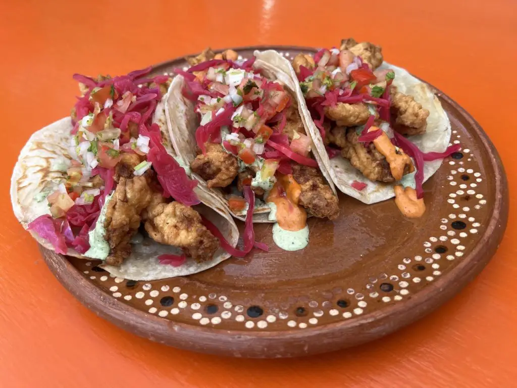 Fresh baja-style fish tacos on mexican pottery dish in Cozumel.
