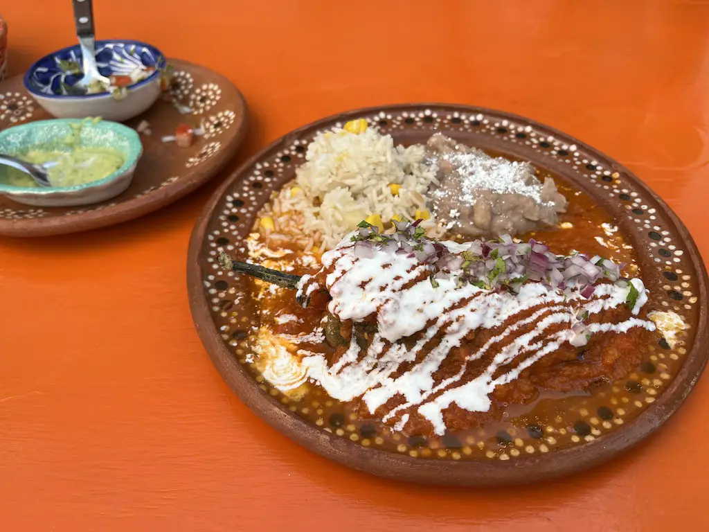 Original photo of my chiles rellenos at Colores y Sabores in Cozumel. By author, R. Schreck. 