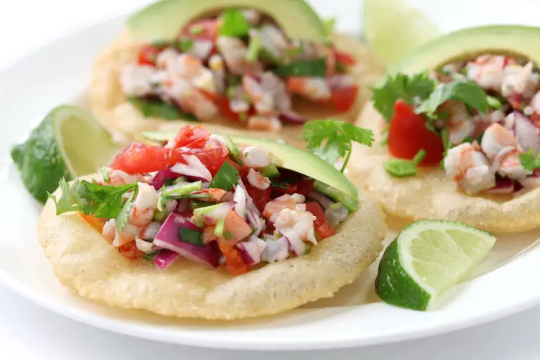 Plate of small ceviche tostadas.