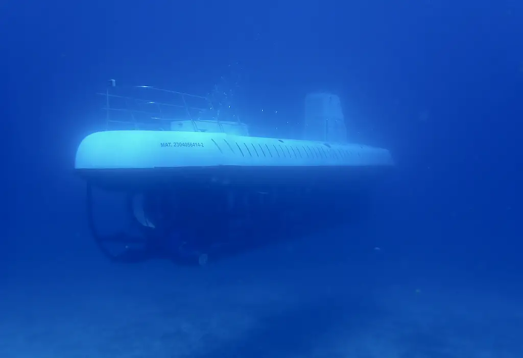 Picture by a diver underwater of Atlantis Submarine near C-53 shipwreck dive site in Cozumel