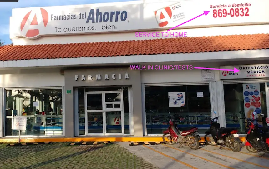 Image of Ahorro pharmacy and walk-in clinic with arrows showing where to enter. 