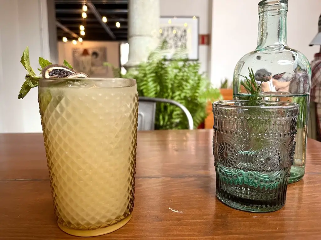 Beautiful mocktail made in Mexico with fresh juice and charred citrus garnish.